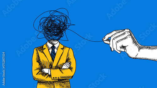 Modern art collage of sketch businessman with tangled chaotic head. Psychology, stress, clarity, mental health, support, coaching, therapy, problem solving concept. Hand drawn vector illustration.
