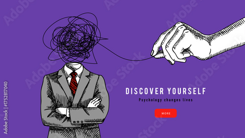 Modern art collage of sketch businessman with tangled chaotic head. Psychology, stress, clarity, mental health, support, coaching, therapy, problem solving concept. Hand drawn vector illustration.