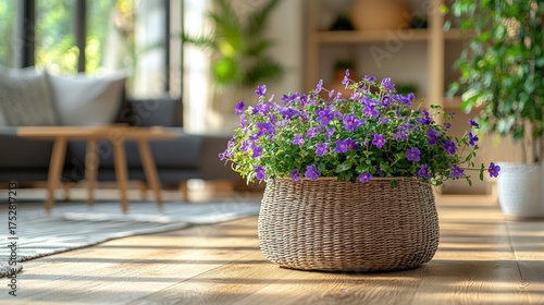 Vibrant purple flowers in a woven basket, bathed in sunlight, in a modern living room.