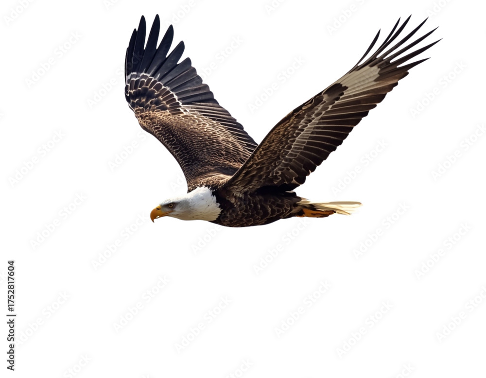 Naklejka premium Bald Eagle Soaring Over Mountains, Wide Wingspan, Side View, Isolated on Transparent Background