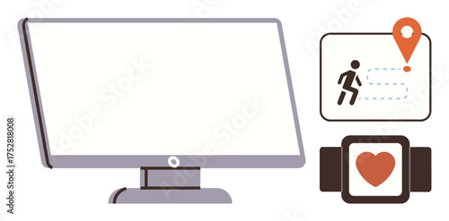 Computer screen, fitness tracker with heart rate, and running route panel represent fitness data tracking. Ideal for technology, health, fitness, monitoring, wearables, app design simple flat