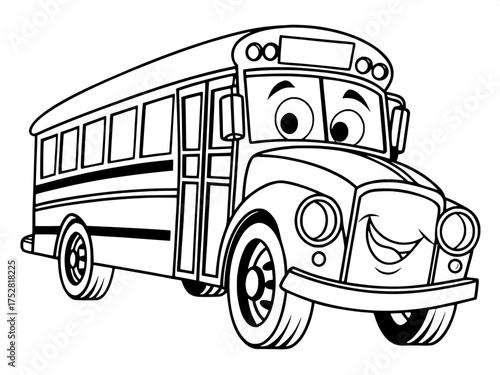 A front-facing cartoon illustration of a school bus with a big smiling face on the front bumper. The bus has large round headlights like eyes and a friendly expression. Outlined in bold black lines, d