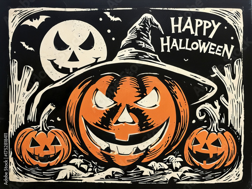 White text Happy Halloween and smiling orange pumpkins and moon in woodcut style
