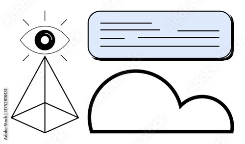 Eye radiating atop a pyramid, adjacent to a cloud and a bordered text box. Ideal for vision, communication, ideas, creativity, data, innovation brainstorming. Simple flat metaphor