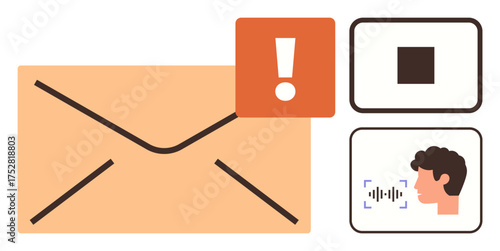 Mail envelope with alert sign, user icon analyzing voice recognition, media stop button. Ideal for communication, notification, technology, email, automation digital media security. Simple flat