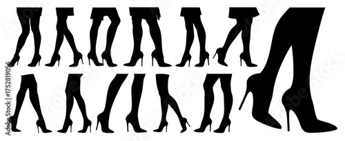 Woman’s Legs in High-Heeled Shoes Black Silhouette Vector Collection, Transparent Background