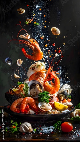 Fresh seafood and vegetables falling into a black bowl with water droplets and splashes, vibrant ingredients including lobster fish and greens, artistic culinary scene