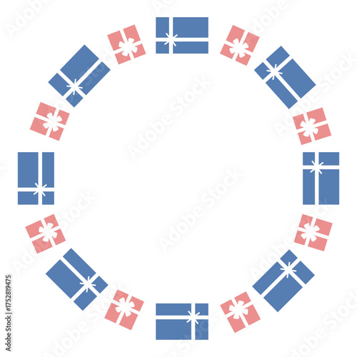 Round holiday frame with  beautiful red and blue gift box with  white ribbon. Happy birthday, Christmas, New Year. Flat vector design. 
