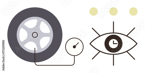 Tire connected to pressure gauge, eye with clock, three dots in background. Ideal for vehicle maintenance, time, monitoring, precision, analytics energy sustainability. Simple flat metaphor