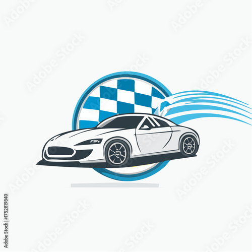 Sleek White Sports Car Logo with Racing Elements.