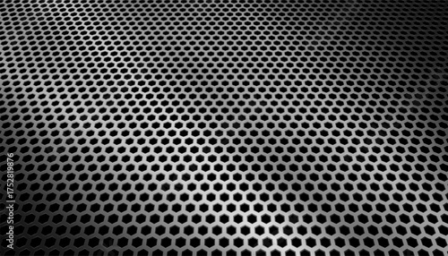 Polished metallic surface with a repeating hexagonal honeycomb pattern. Sharp detailed perspective, depth and a futuristic technological. The metal texture enhance its reflective industrial.