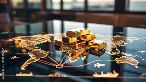 Shiny gold bars on world map precious metal wealth