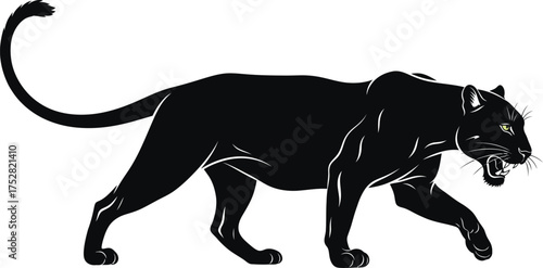 Powerful black panther prowls with intense gaze and bared teeth, showcasing its sleek, muscular form.