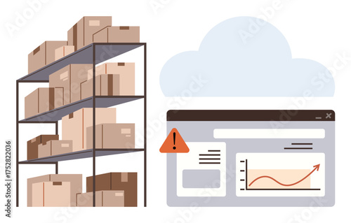 Shelves stacked with boxes beside a cloud-based dashboard featuring analytics and a red warning icon. Ideal for inventory, logistics, cloud technology, e-commerce, data analysis, software