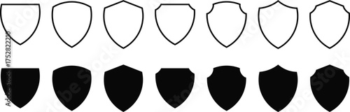 Set of 14 Black Shield Icons in Vintage Style, Security and Protection Badges, Quality Guarantee Symbols on White Background