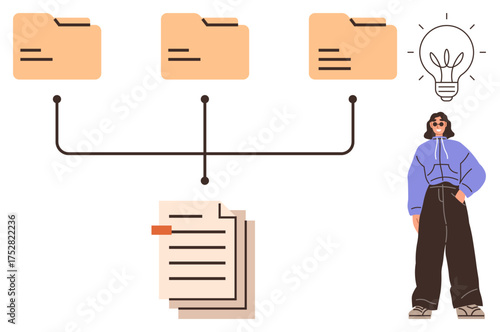 File folders connected to documents via lines, person in casual attire, and a glowing lightbulb. Ideal for organization, idea generation, creativity, planning, data management, workflow