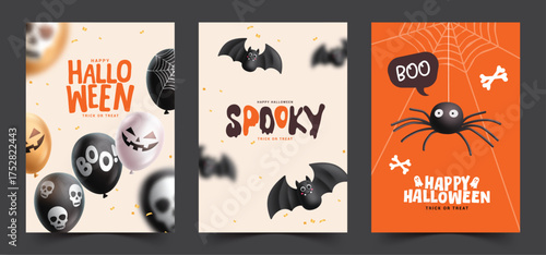 Halloween greeting card vector poster set design. Happy Halloween spooky invitation card collection with balloons, bat and spider elements postcard. Vector illustration party flyers poster.