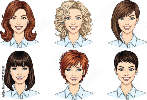 Diverse collection of smiling women showcasing various stylish hairstyles and haircuts