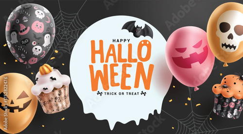 Halloween greeting text vector template design. Happy Halloween in empty space for typography with scary balloons floating and skittish cup cake elements. Vector illustration trick or treat card
