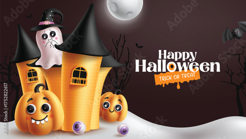 Halloween castle vector banner design. Happy Halloween and trick or treat greeting text with haunted house, ghost and cute pumpkins characters in dark night background. Vector illustration horror