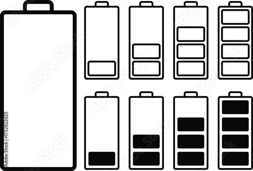 Set of 9 Black Battery Icons, Charge Level and Power Status Symbols Vector Illustration on White Background
