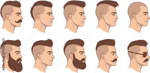 Collection of diverse male hairstyles and facial hair styles shown in profile view