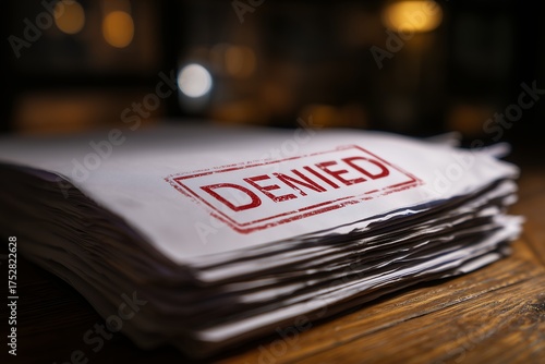 Stack of documents with red 'DENIED' stamp on a rustic wooden table, concept for loan rejection, application refusal and insurance claim denial