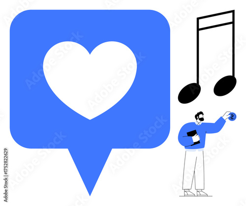 Heart inside a chat bubble with music notes, a man holding a phone interacting. Ideal for creativity, connection, music, digital interaction, social media, user engagement abstract communication. A