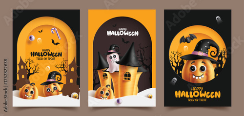 Halloween greeting vector poster set design. Happy Halloween and trick or treat card collection with castle, pumpkins and ghost characters. vector illustration cute horror template design.
