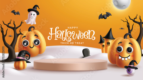 Halloween podium vector banner design. Happy Halloween trick or treat greeting text with pumpkins characters for product display presentation banner. Vector illustration holiday horror promo design.