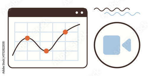 Line graph with data points in a browser window beside a video play icon and wave patterns. Ideal for data trends, analytics, video platforms, hybrid tools, reporting, multimedia, digital strategies