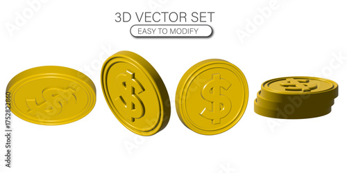 3D illustration vector render of gold dollar coin icon with balls spinning around. Concept of financial circulation and growth, wealth, value, investment, asset diversification, isolated on white