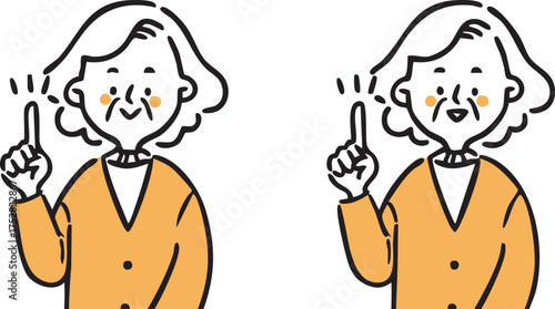 人差し指を立てて説明するおばあさん　上半身　ベクター（オレンジ）
