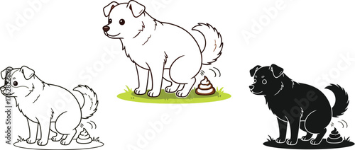 Cute cartoon dogs of different colors doing their business outdoors