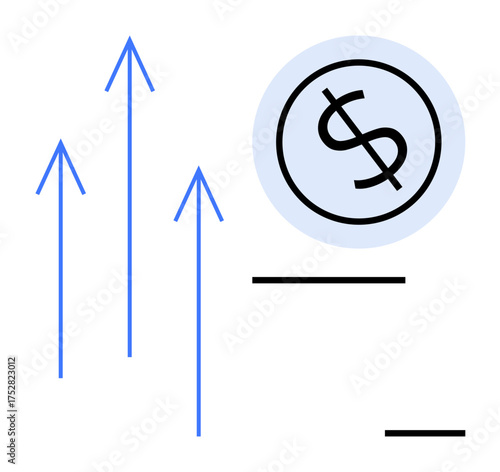Blue upward arrows and dollar sign within a circle representing growth, success, and wealth. Ideal for finance, investment, economy, business growth, profit strategy, wealth management