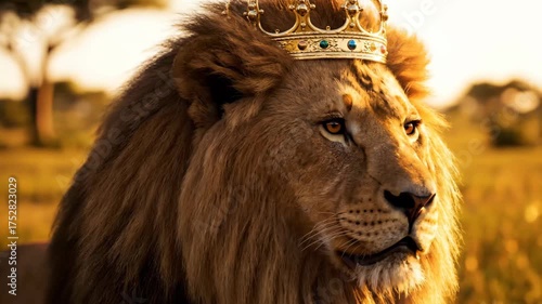 king lion crown, Majestic Lion King with Golden Crown in the African Savanna