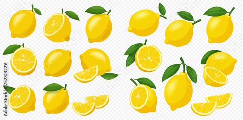 Collection of vibrant yellow lemons, whole, halved, and sliced, with green leaves.