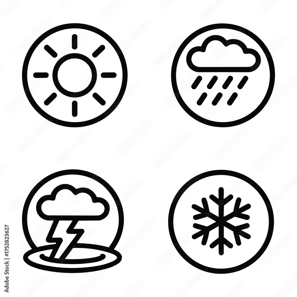 Obraz premium Weather Icons Vector Illustration Set Sun Rain Storm Snowflake Elements