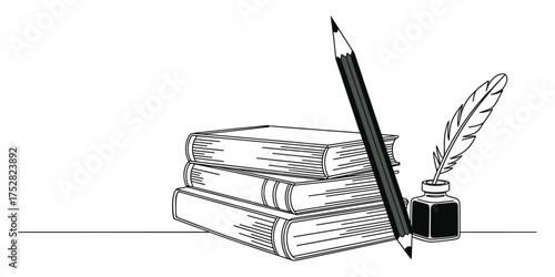 Books Pencil Ink Quill Vector Illustration Still Life for Writing and Education