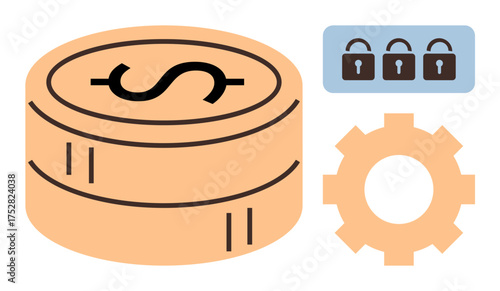 Stack of coins with dollar sign representing wealth, three padlocks signifying security, and a gear symbolizing system functionality. Ideal for finance, cybersecurity, technology, operations, safety