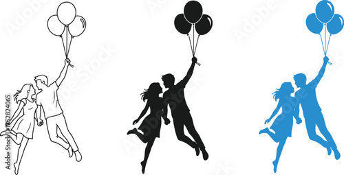 Joyful couple floating upwards with balloons, celebrating love and freedom.