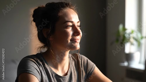 Woman feeling tired and massaging her eyes, then relaxing and smiling in sunlight, stress relief concept. Wellbeing video.