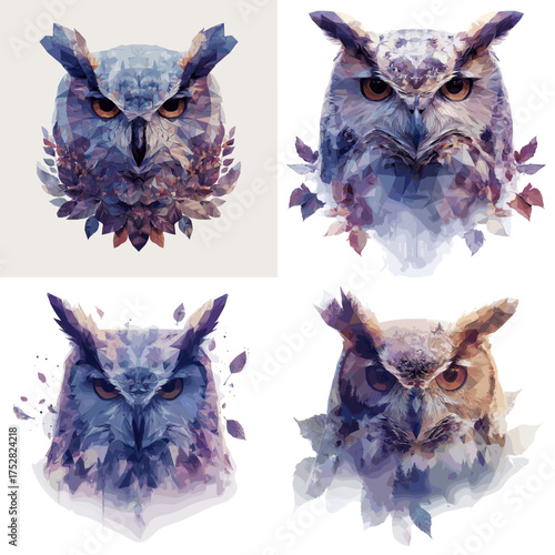 Majestic watercolor owl portrait in artistic double exposure style with feathers and abstract tones. Symbol of wisdom, mystery, and intelligence in wildlife art.