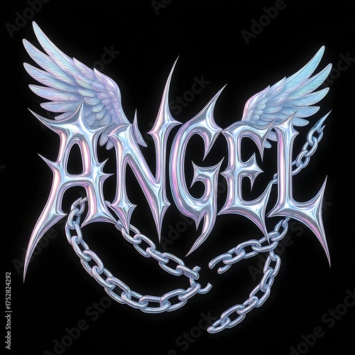 Edgy angel graphic with iridescent wings and broken chains for alternative fashion or rebellious brand aesthetic, ideal for edgy streetwear designs