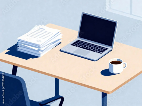 Illustration of a laptop and documents on a desk with a cup of coffee