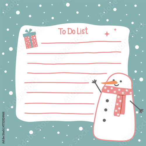 Cozy winter illustration for notes. To Do List. Green background with falling snowflakes and  snowman with  pink scarf. Christmas, New Year. Place for text, note, notebook. Flat vector design.