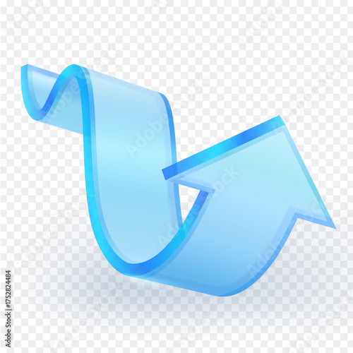Shiny blue 3D arrow ribbon curving upward, symbolizing growth, progress, success, and direction. Transparent background, modern design for business or technology concepts. Vector illustration.