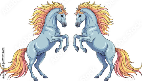 Majestic twin horses rearing up with fiery manes against a bright background, symbolizing power and fantasy.