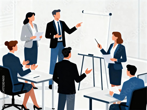 Business professionals collaborate during a presentation in an office environment, discussing strategy