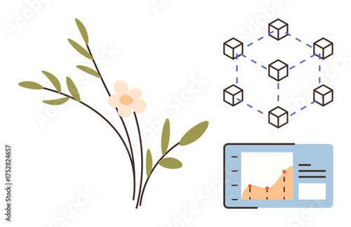 Branch with leaves and flower beside blockchain-inspired cube network and a data chart. Ideal for technology, ecology, innovation, sustainability, analytics, modern design, balanced progress themes